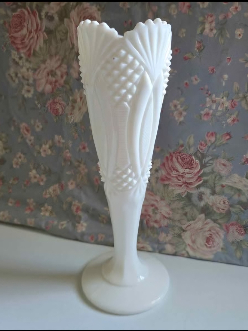 Vintage Kemple Elegant Jubilee White Milk Glass Vase - Floral Relief Pedestal
